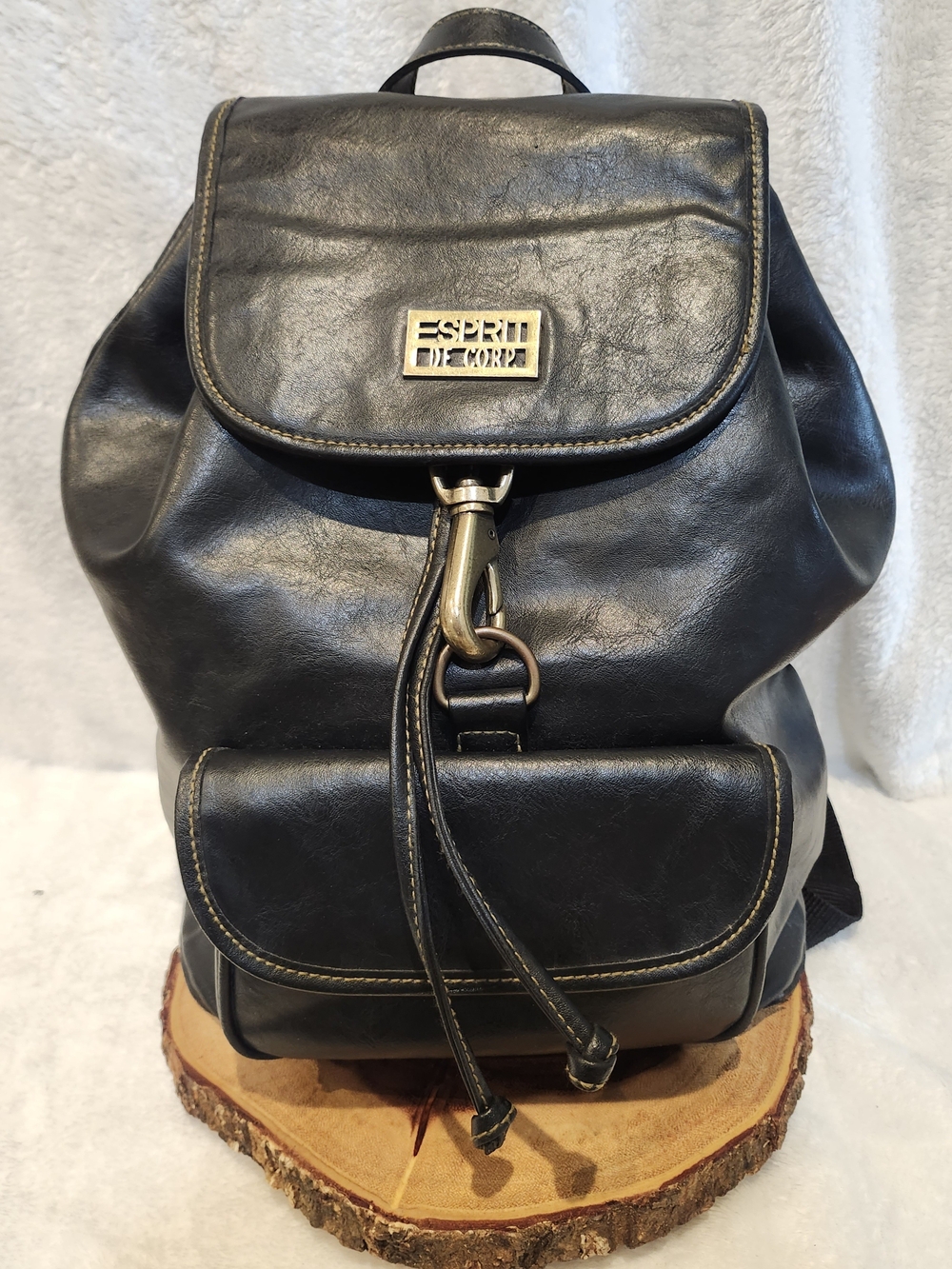 Esprit Black Leather Drawstring Backpack with Front Pocket
